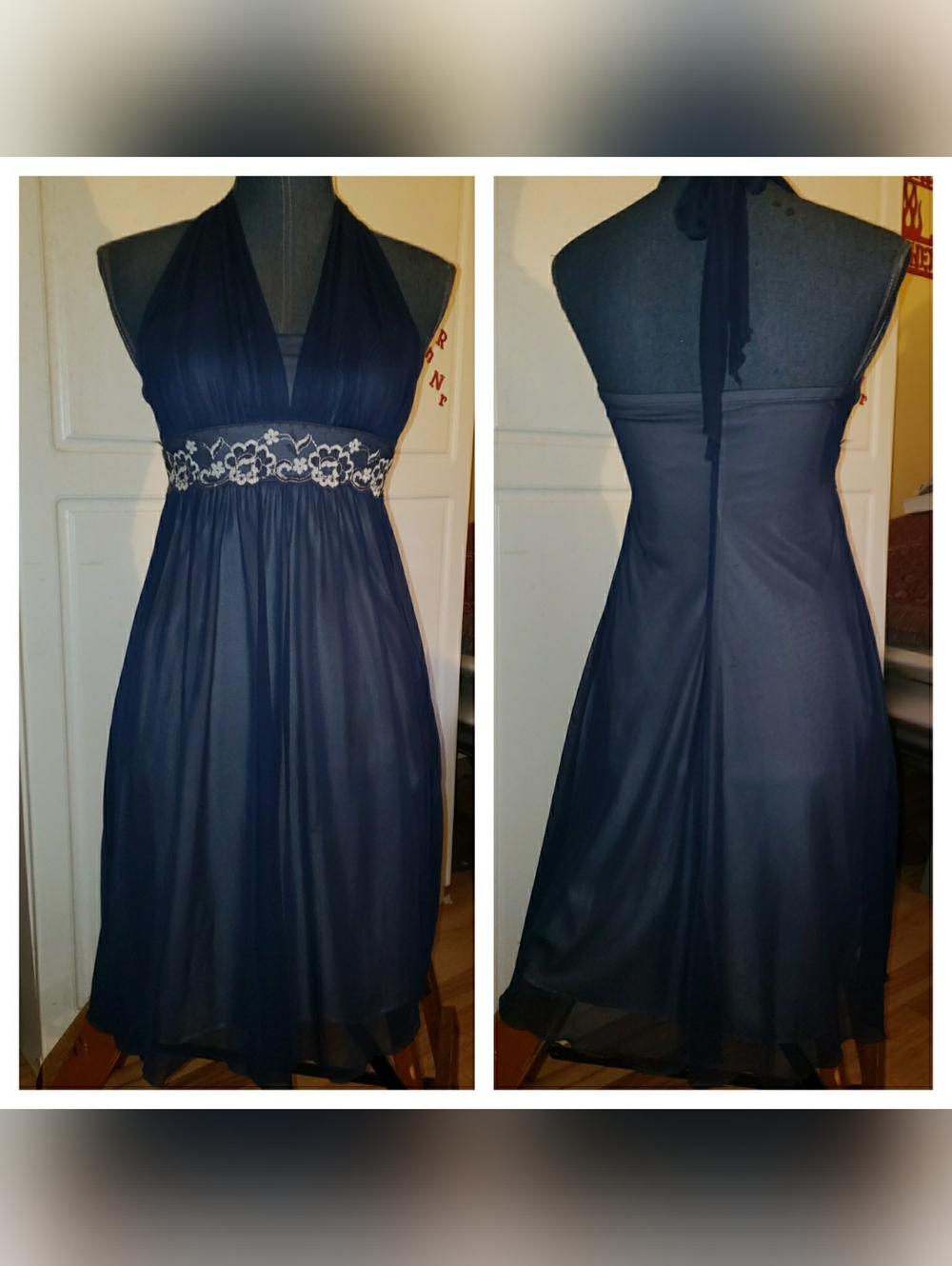 City Triangles Navy Halter Empire Dress with White Lace Band